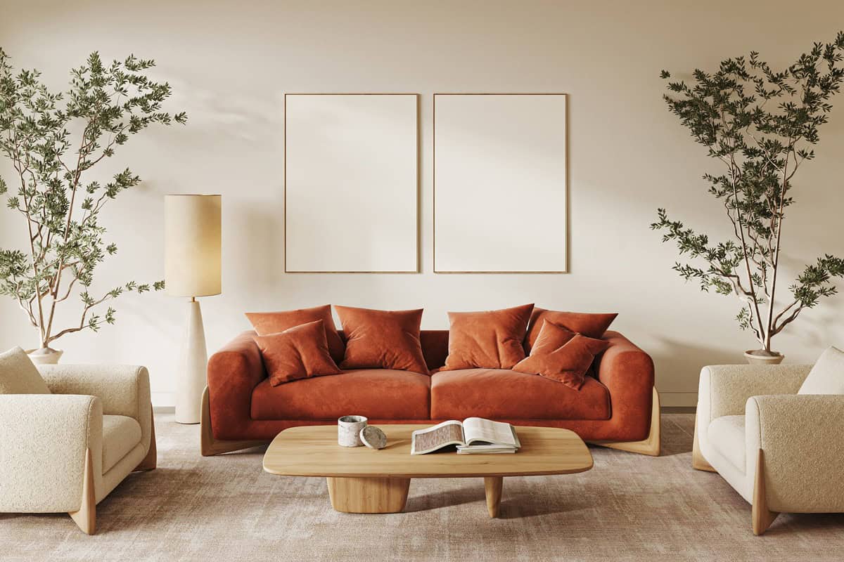 Contemporary classic white beige livingroom with plants and decor – carpet background. Light modern japanese lamp and nature view. 3d rendering illustration two mock up. High quality 3d illustration