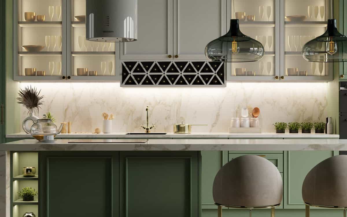 Minimalist interior design with a green kitchen and mockup wooden table- 3D rendering