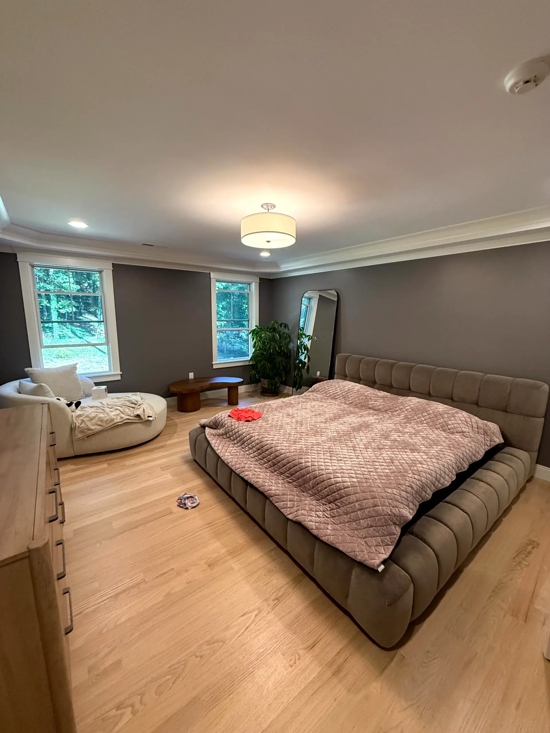 IMG_1581 Spacious bedroom featuring newly painted dark gray walls, light hardwood floors, and a large bed.